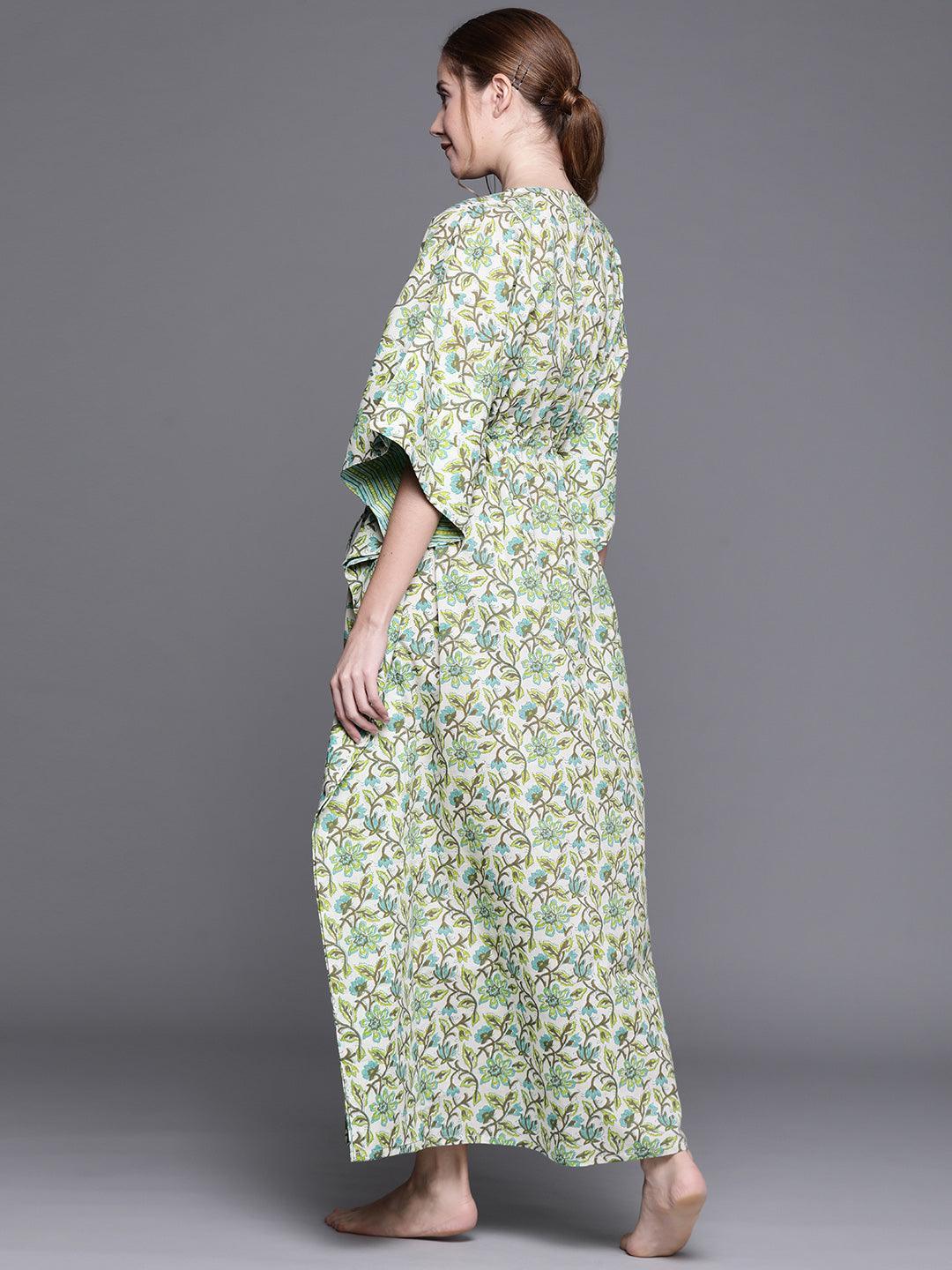 Green Cotton Printed Kaftan Nightdress - ShopLibas