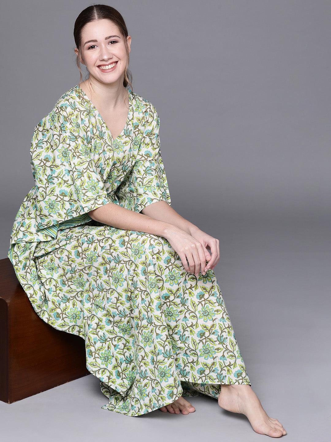 Green Cotton Printed Kaftan Nightdress - ShopLibas