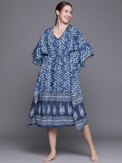 Blue Cotton Printed Kaftan Nightdress - ShopLibas