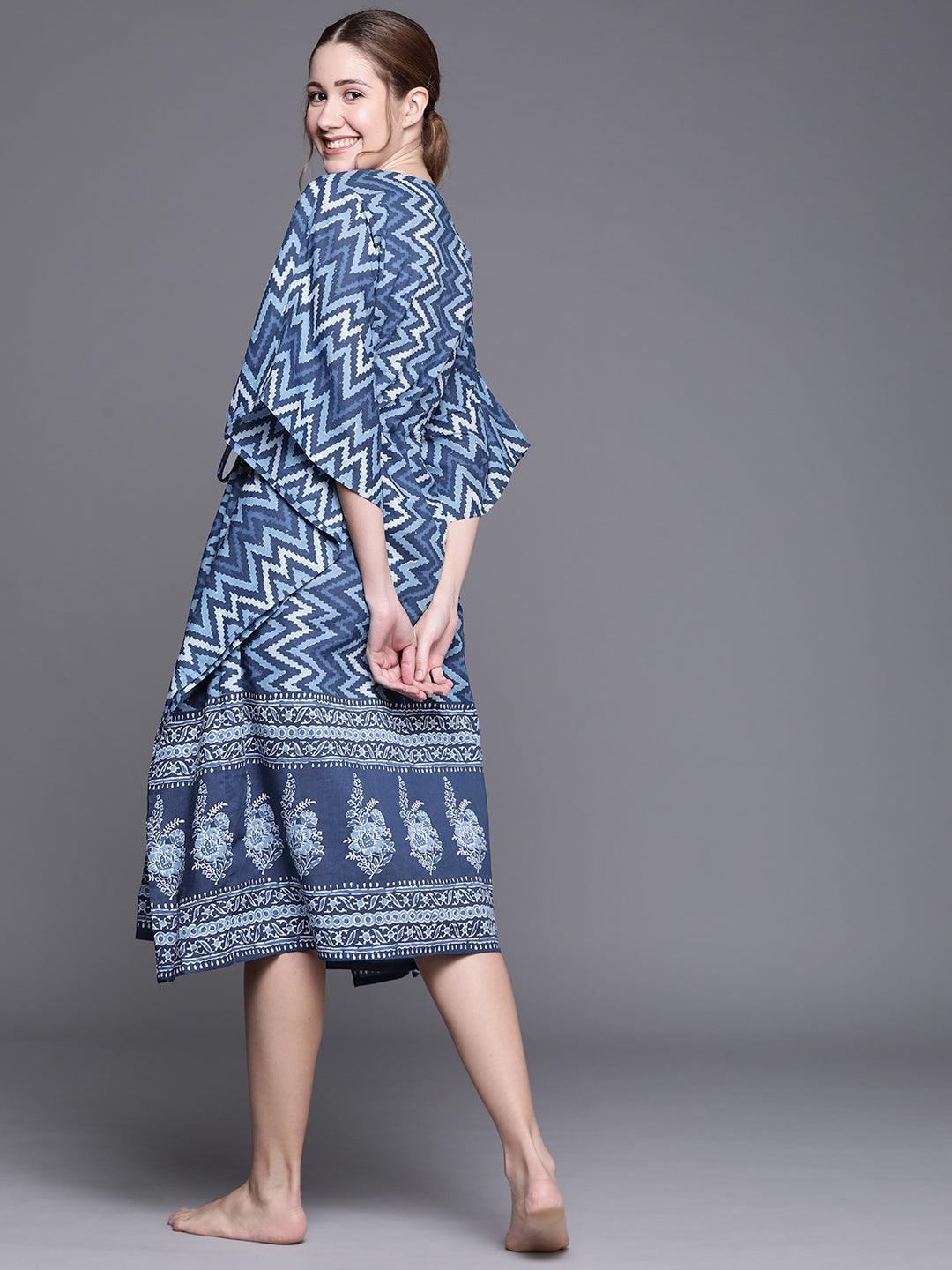 Blue Cotton Printed Kaftan Nightdress - ShopLibas