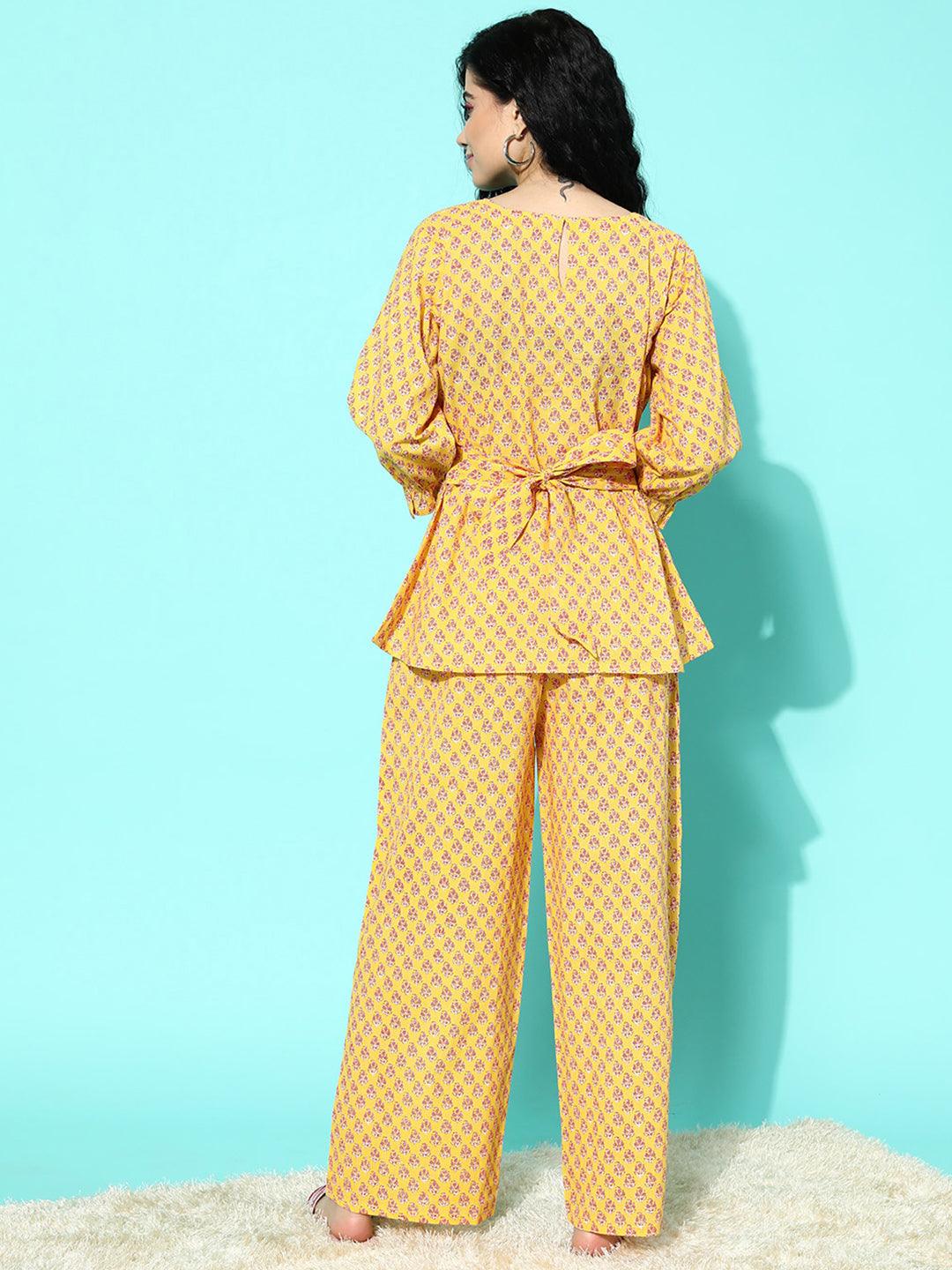 Yellow Printed Cotton Night Suit - ShopLibas