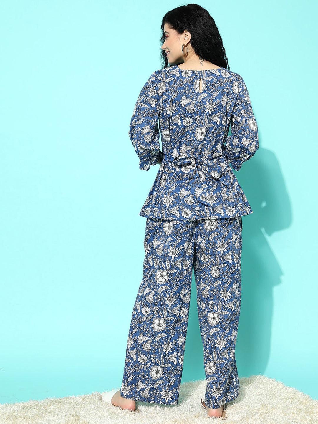 Blue Printed Cotton Night Suit - ShopLibas