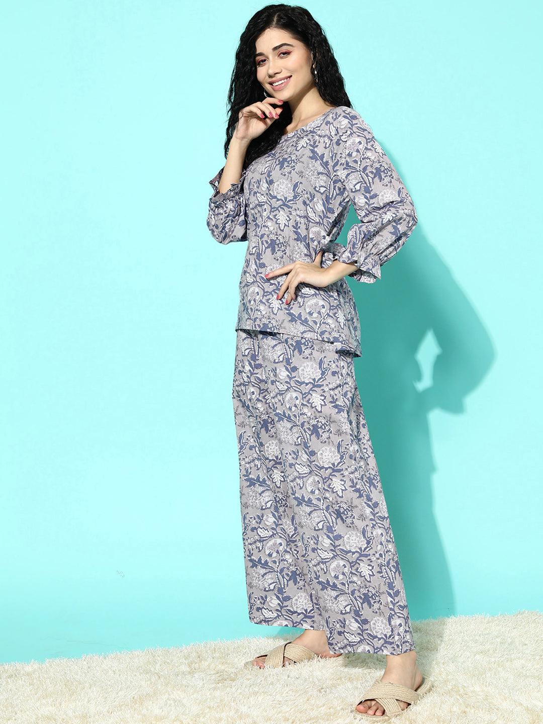 Grey Printed Cotton Night Suit - ShopLibas 
