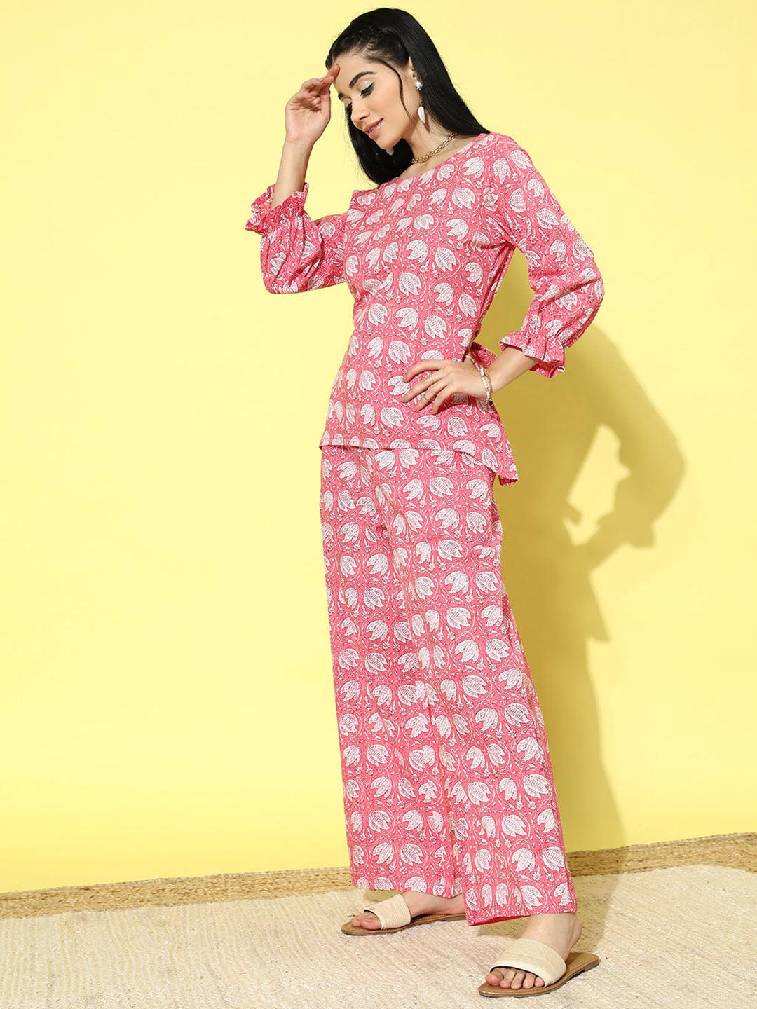 Pink Printed Cotton Night Suit - ShopLibas 