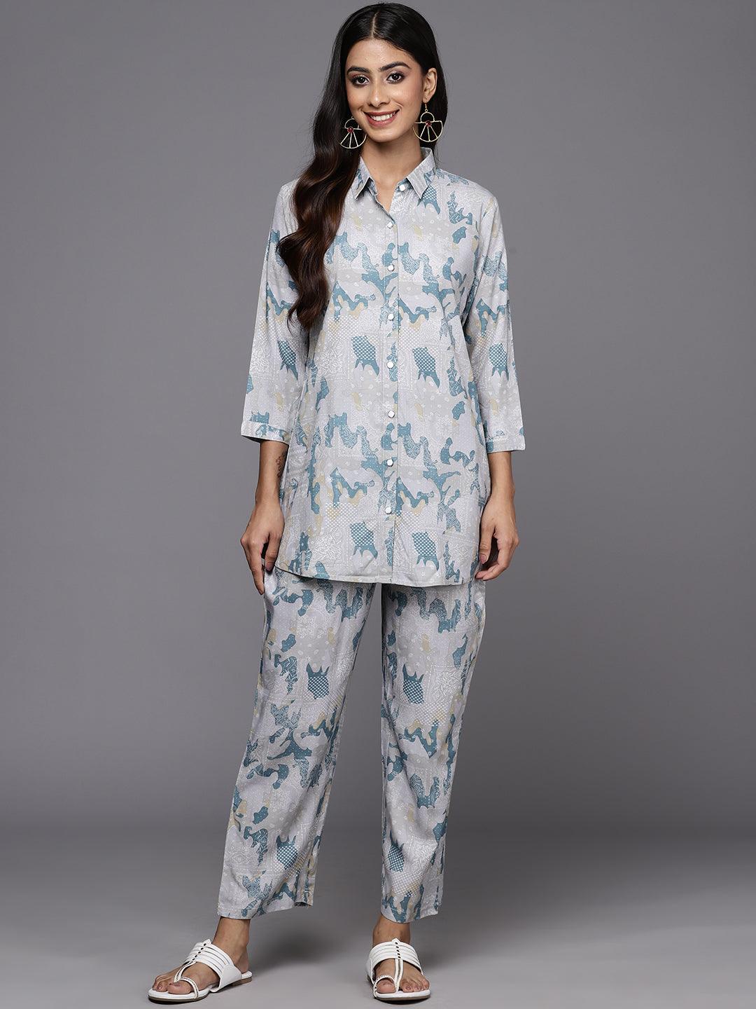 Grey Printed Rayon Co-Ords - ShopLibas 