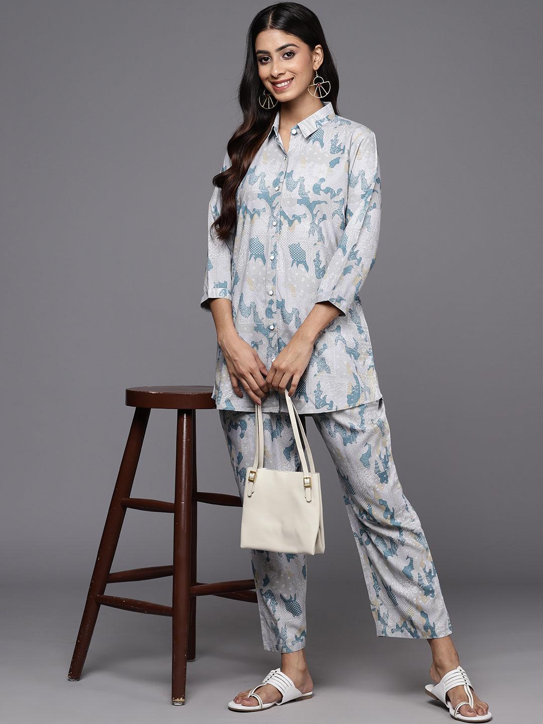 Grey Printed Rayon Co-Ords - ShopLibas 