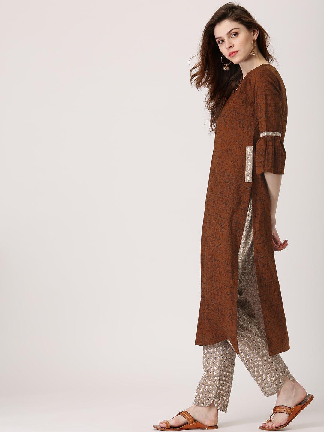 Brown Printed Cotton Kurta Set - ShopLibas 