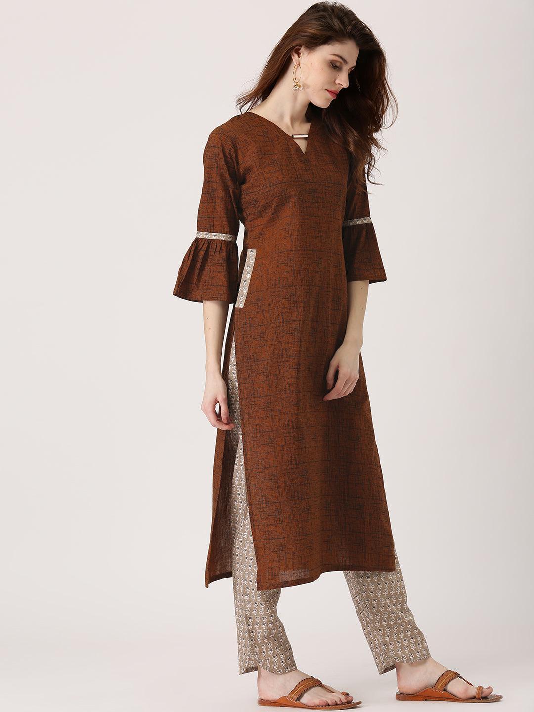 Brown Printed Cotton Kurta Set - ShopLibas 