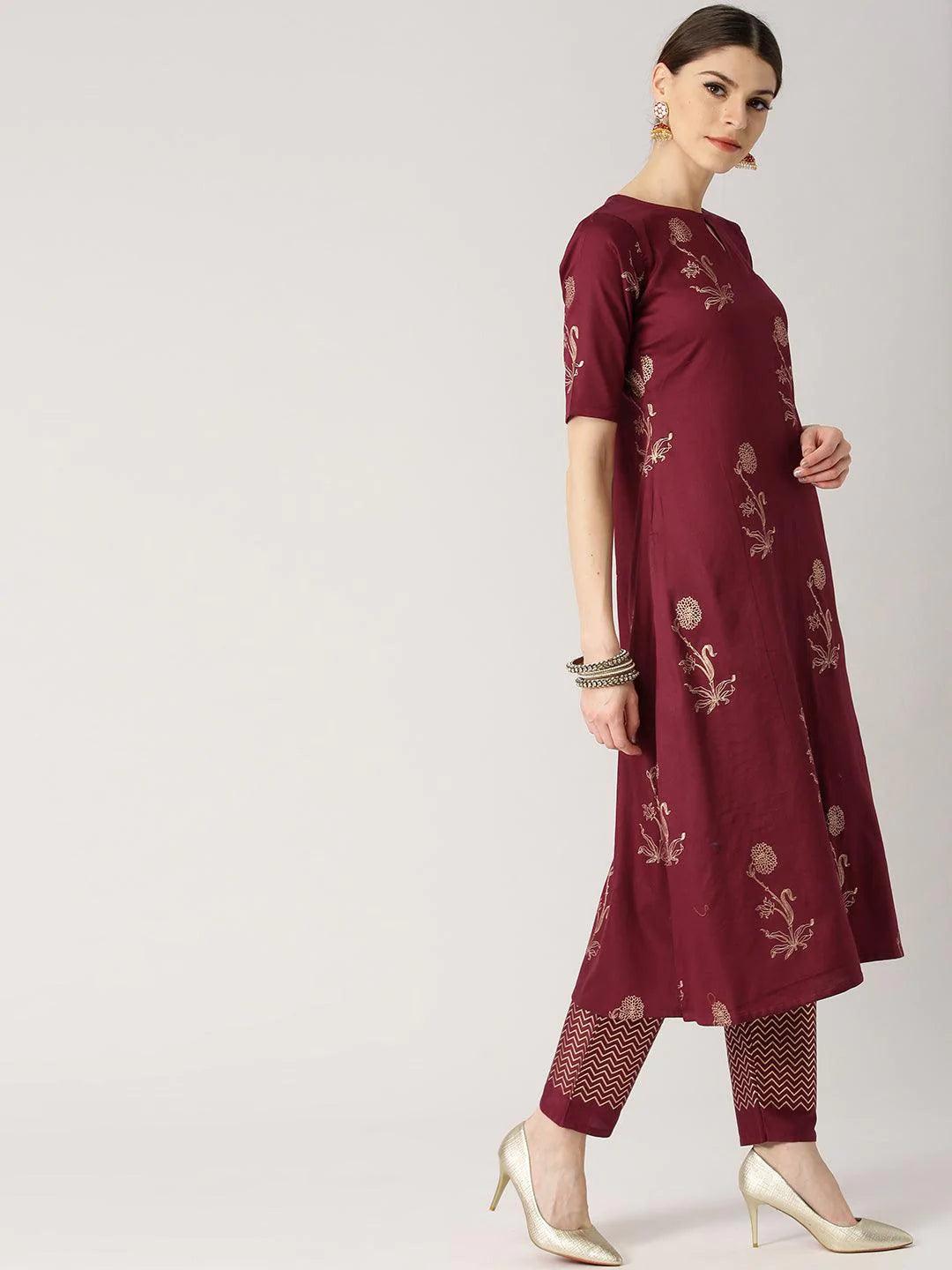 Maroon Printed Cotton Kurta Set - ShopLibas 