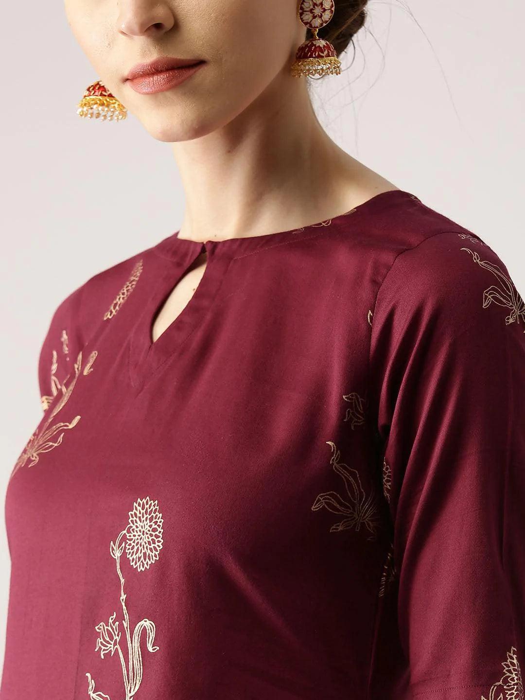 Maroon Printed Cotton Kurta Set - ShopLibas 