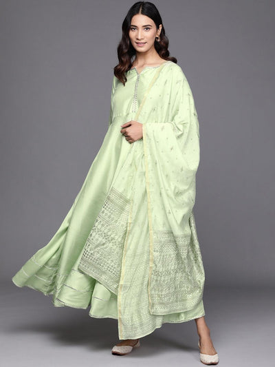 Green Solid Silk Dress With Dupatta - ShopLibas