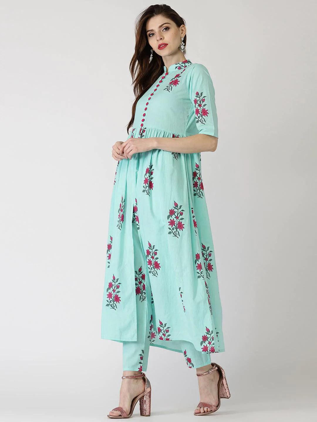 Blue Printed Cotton Kurta Set - ShopLibas