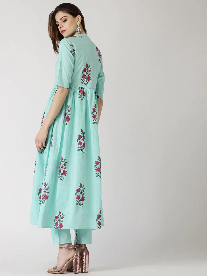 Blue Printed Cotton Kurta Set - ShopLibas