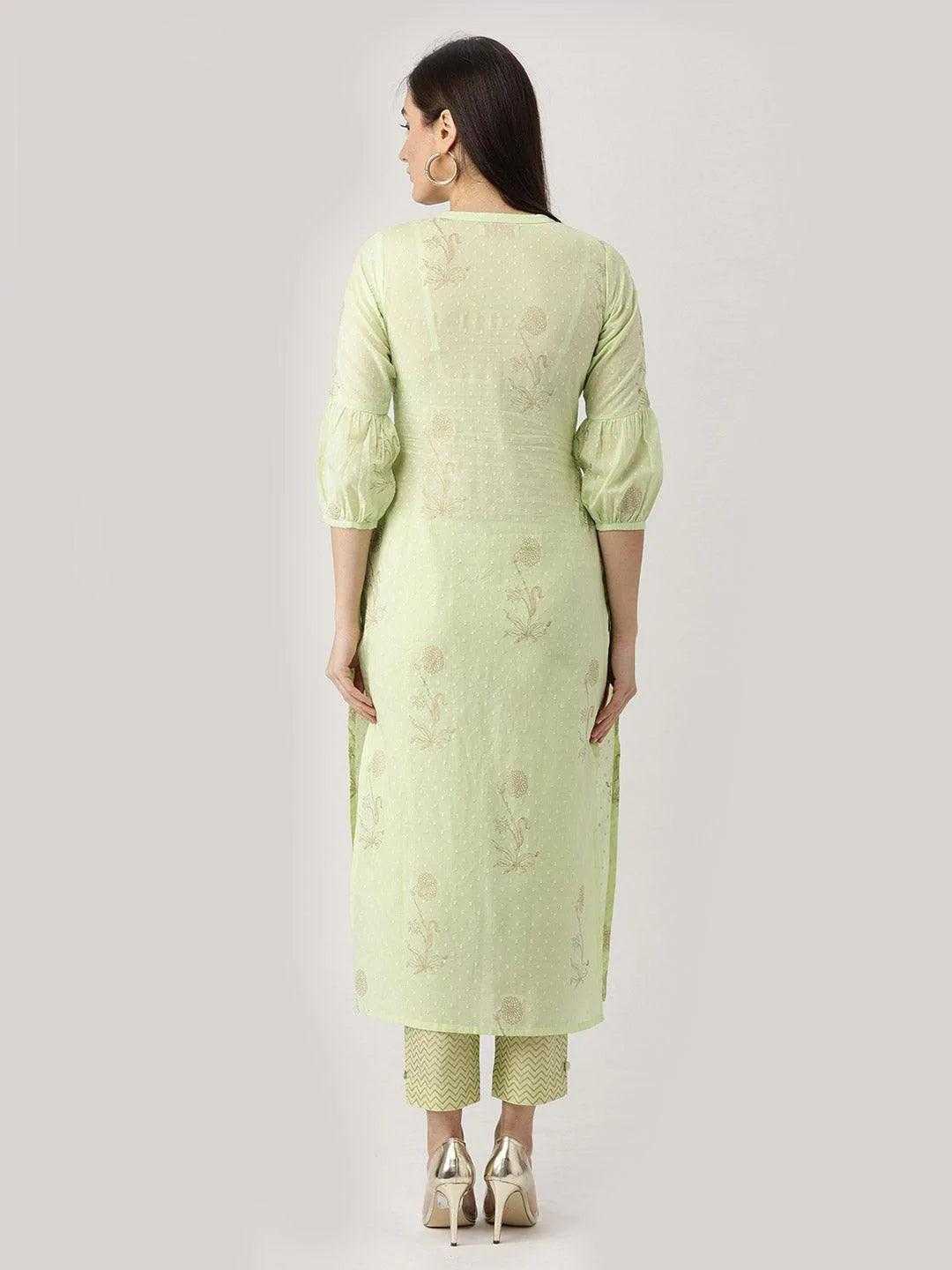 Green Printed Cotton Kurta Set - ShopLibas 