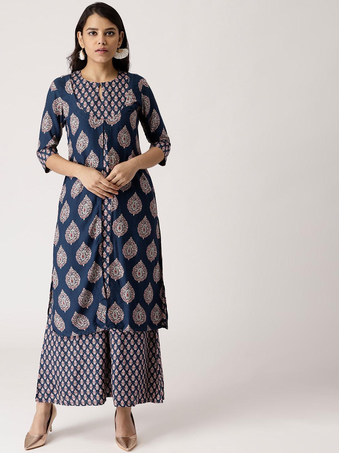 Blue Printed Rayon Kurta Set With Jacket - ShopLibas