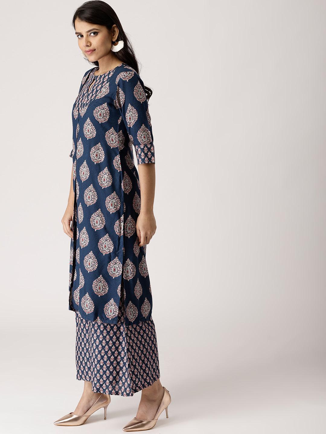 Blue Printed Rayon Kurta Set With Jacket - ShopLibas 