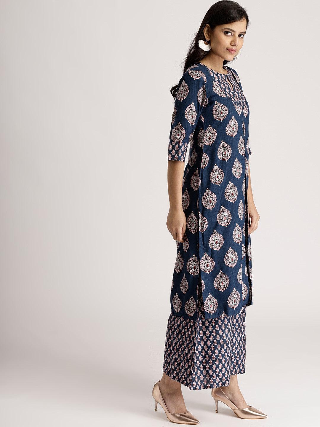 Blue Printed Rayon Kurta Set With Jacket - ShopLibas 
