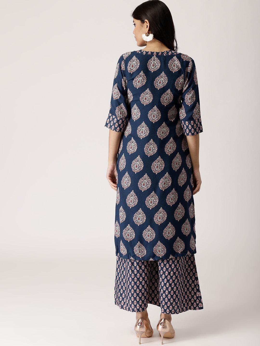 Blue Printed Rayon Kurta Set With Jacket - ShopLibas 
