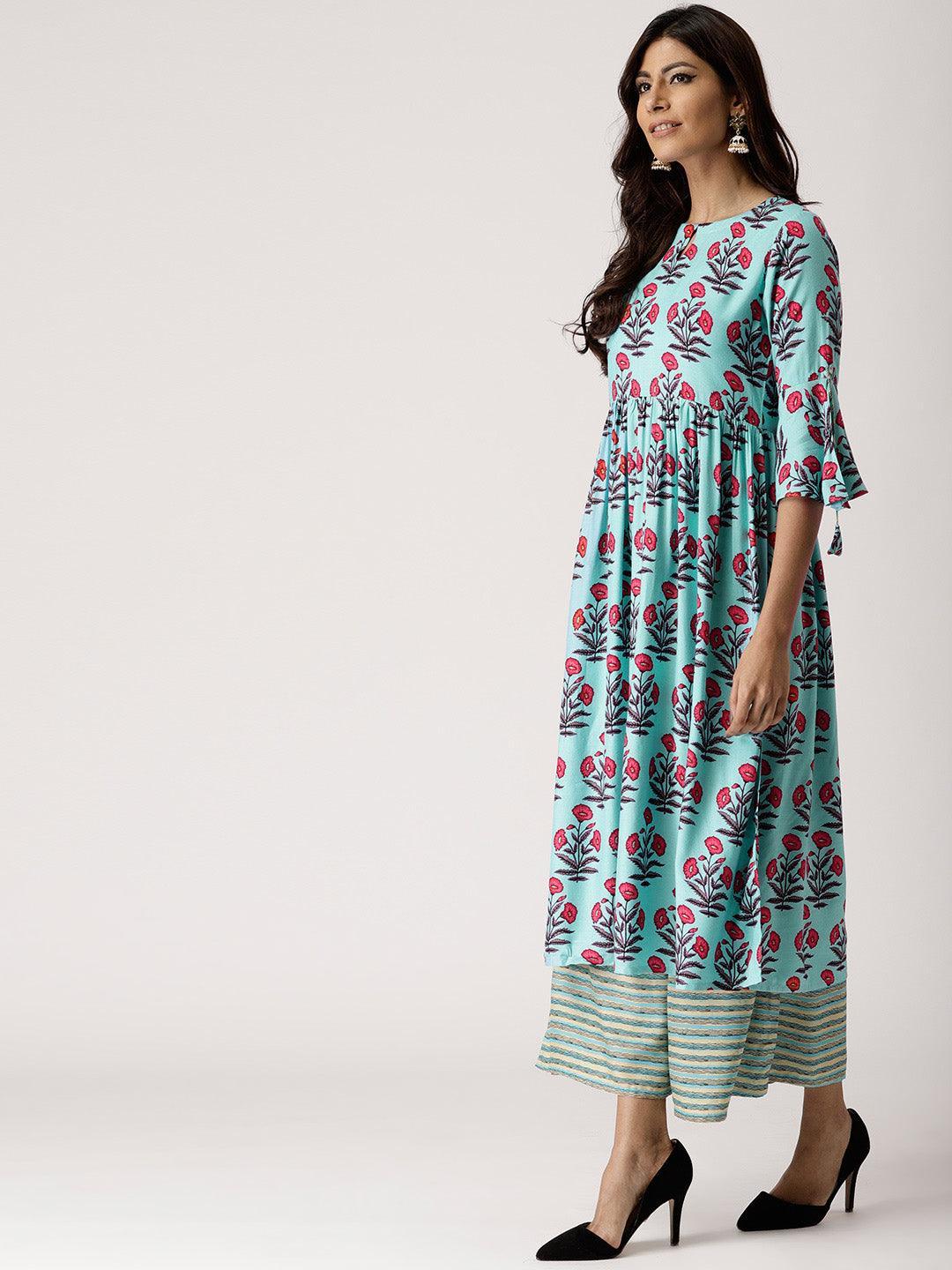 Blue Printed Rayon Kurta Set - ShopLibas