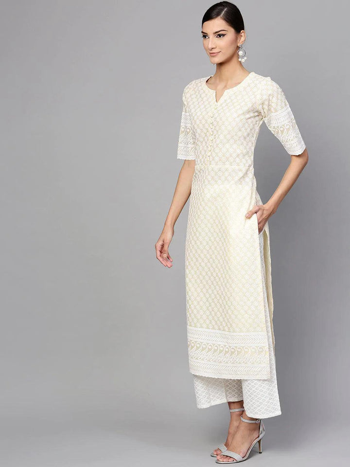Yellow Schiffli Cotton Kurta Set