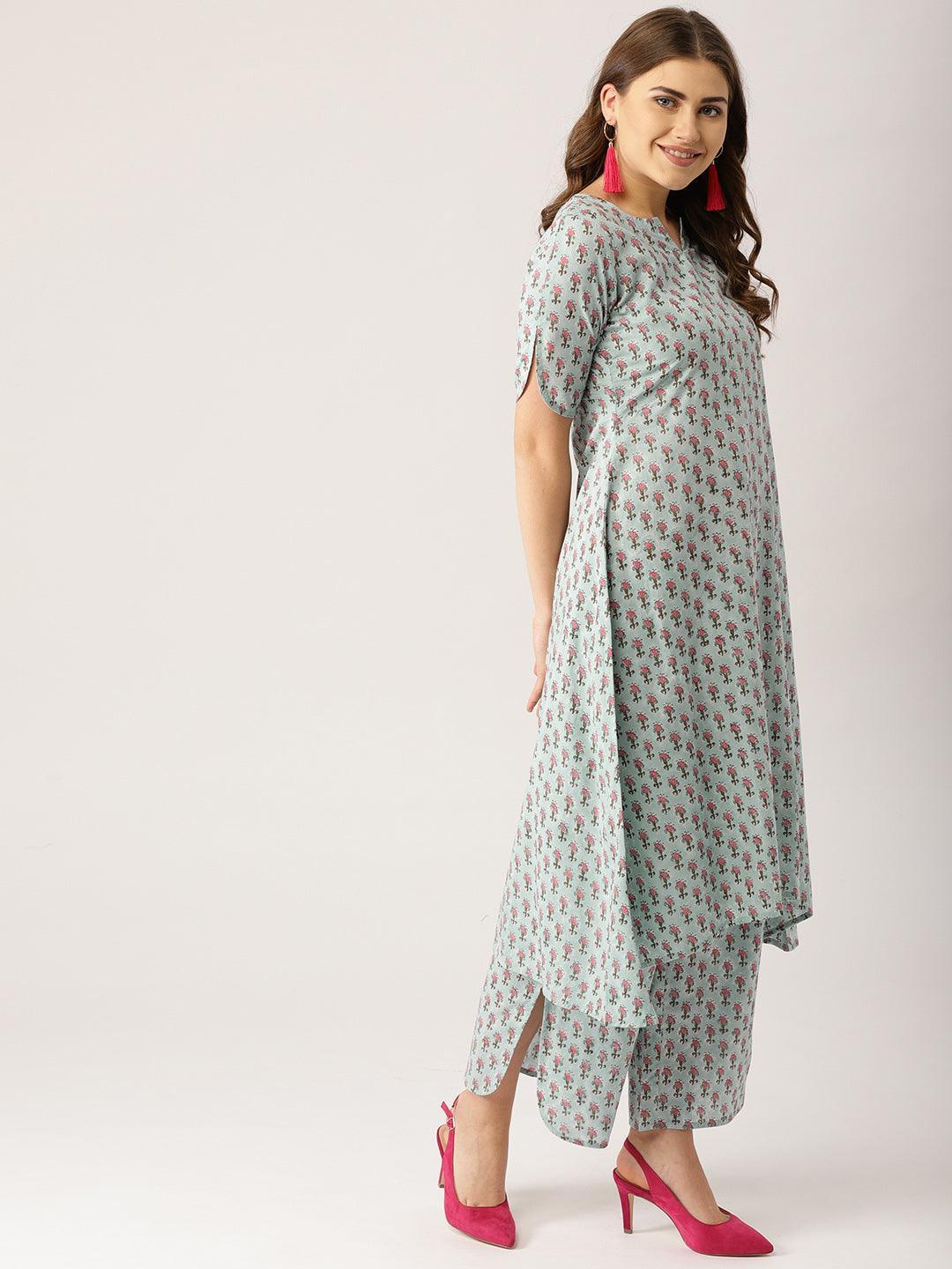 Blue Printed Cotton Suit Set - ShopLibas