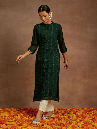 Green Embroidered Chanderi Silk Straight Kurta - ShopLibas