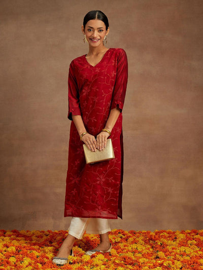 Red Embroidered Chanderi Silk Straight Kurta - ShopLibas