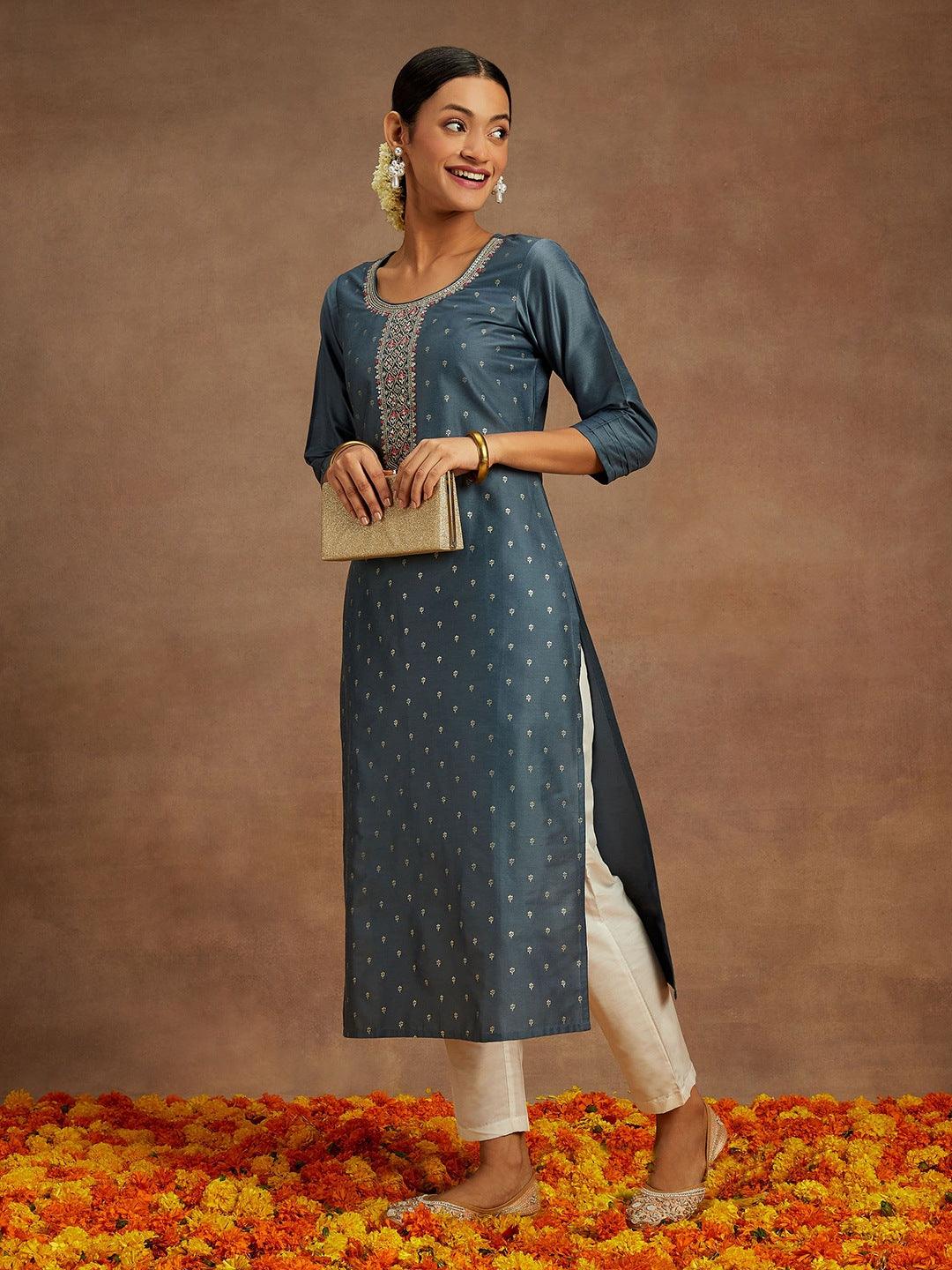 Grey Embroidered Chanderi Silk Straight Kurta - ShopLibas