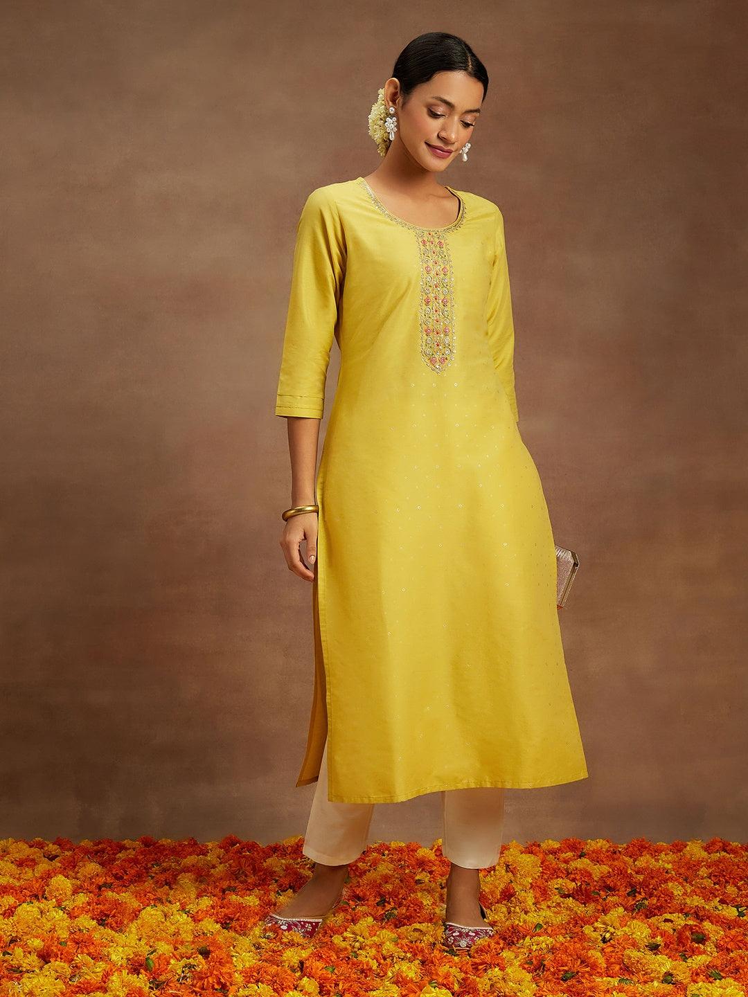 Yellow Embellished Silk Straight Kurta - ShopLibas
