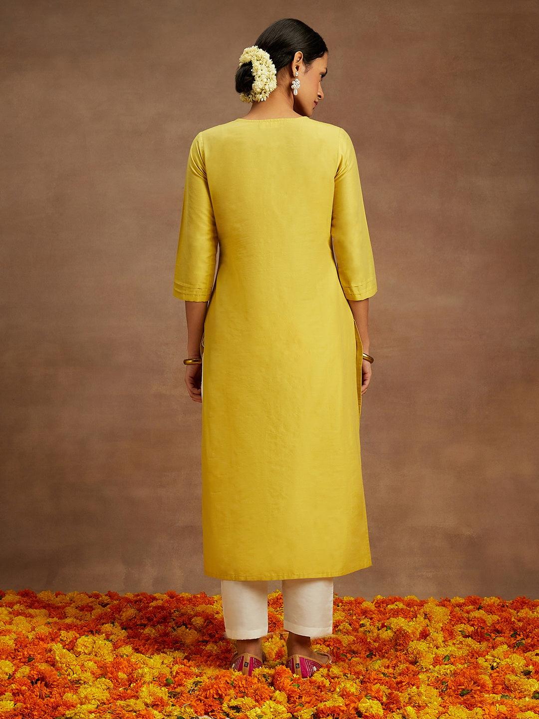 Yellow Embellished Silk Straight Kurta - ShopLibas 