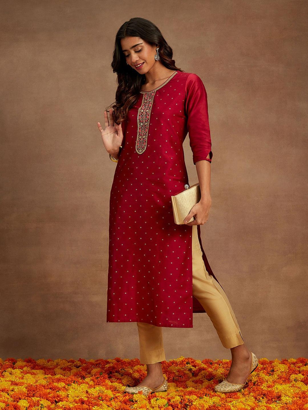 Maroon Printed Silk Straight Kurta - ShopLibas