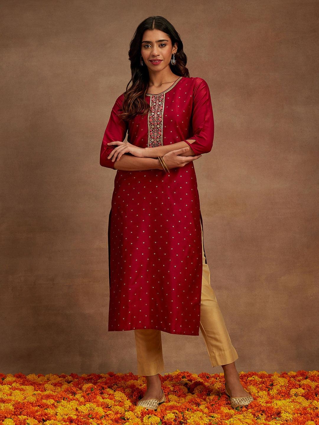 Maroon Printed Silk Straight Kurta - ShopLibas 