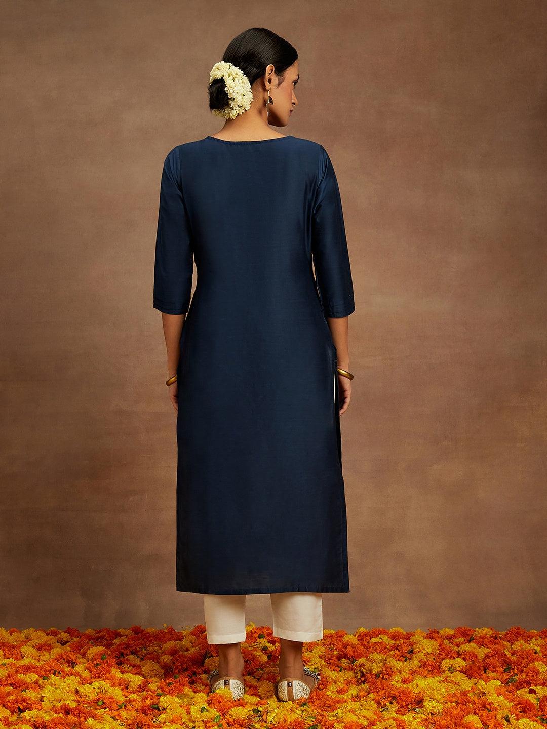 Navy Printed Silk Straight Kurta - ShopLibas 
