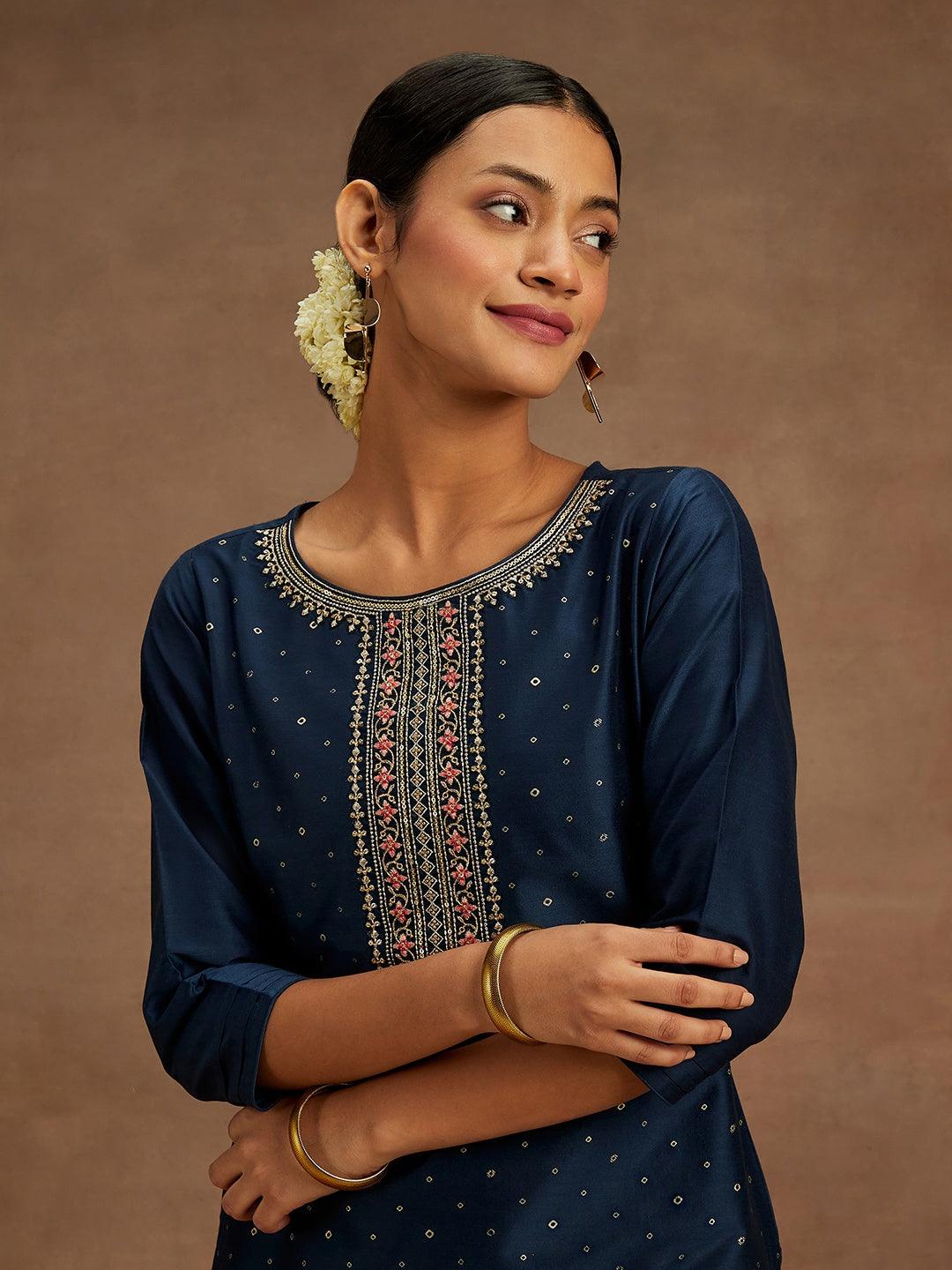 Navy Printed Silk Straight Kurta - ShopLibas 