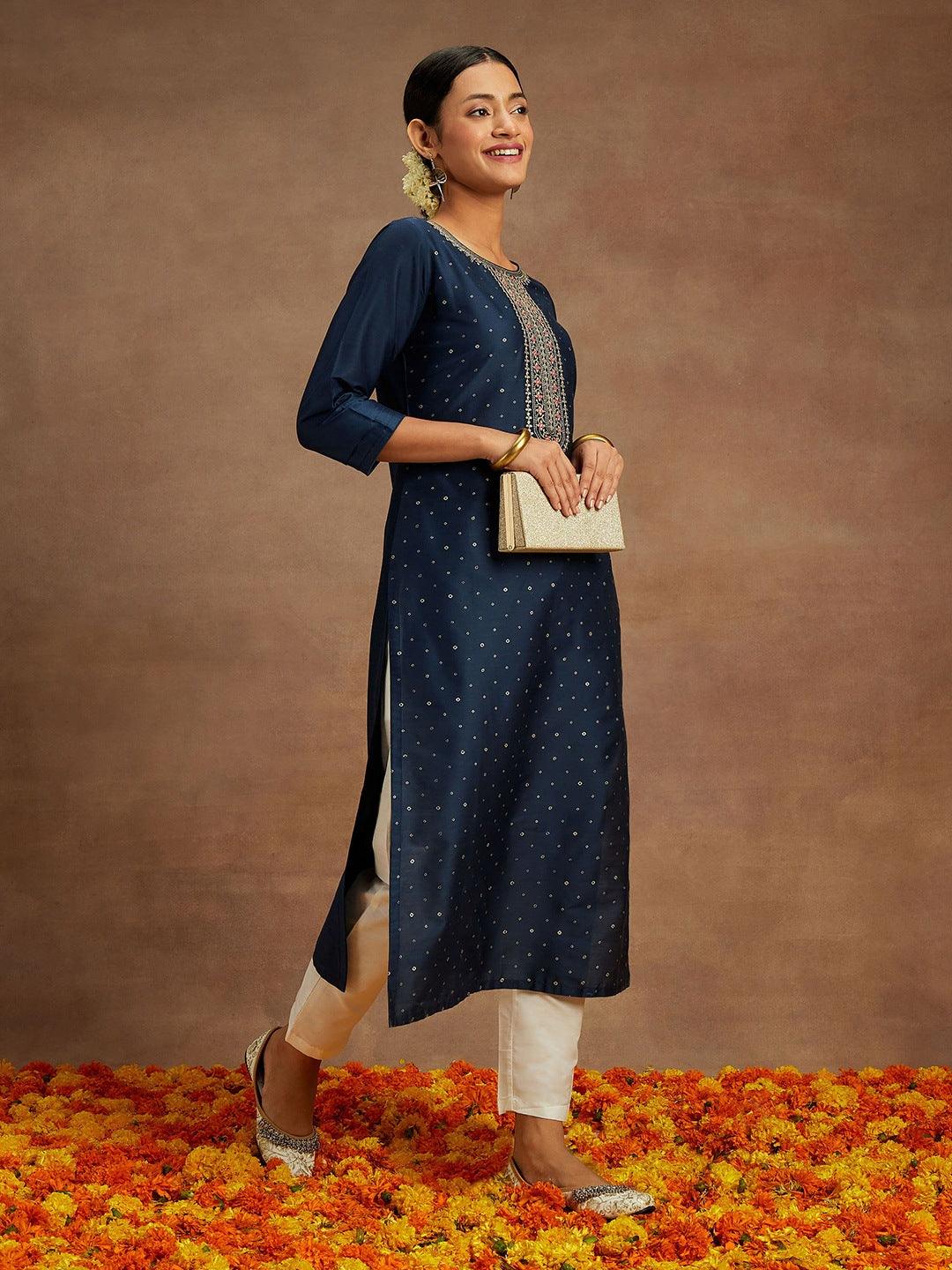 Navy Printed Silk Straight Kurta - ShopLibas