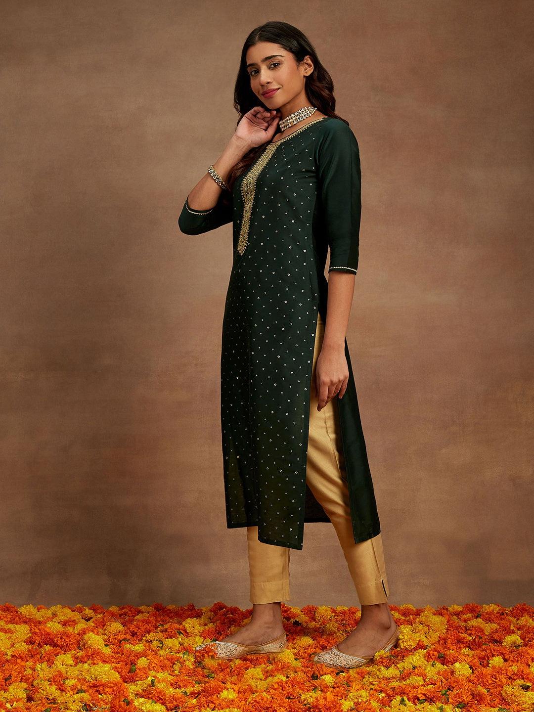 Green Embellished Silk Straight Kurta - ShopLibas 