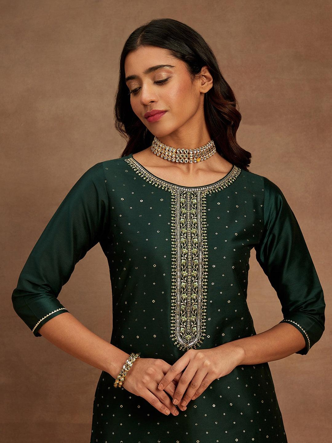 Green Embellished Silk Straight Kurta - ShopLibas 