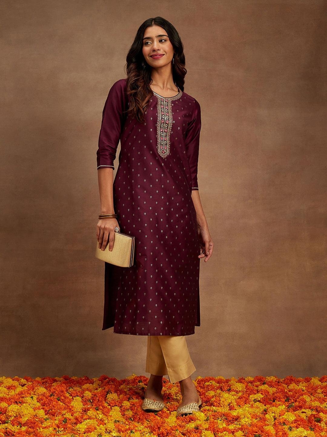 Wine Embellished Chanderi Silk Straight Kurta - ShopLibas