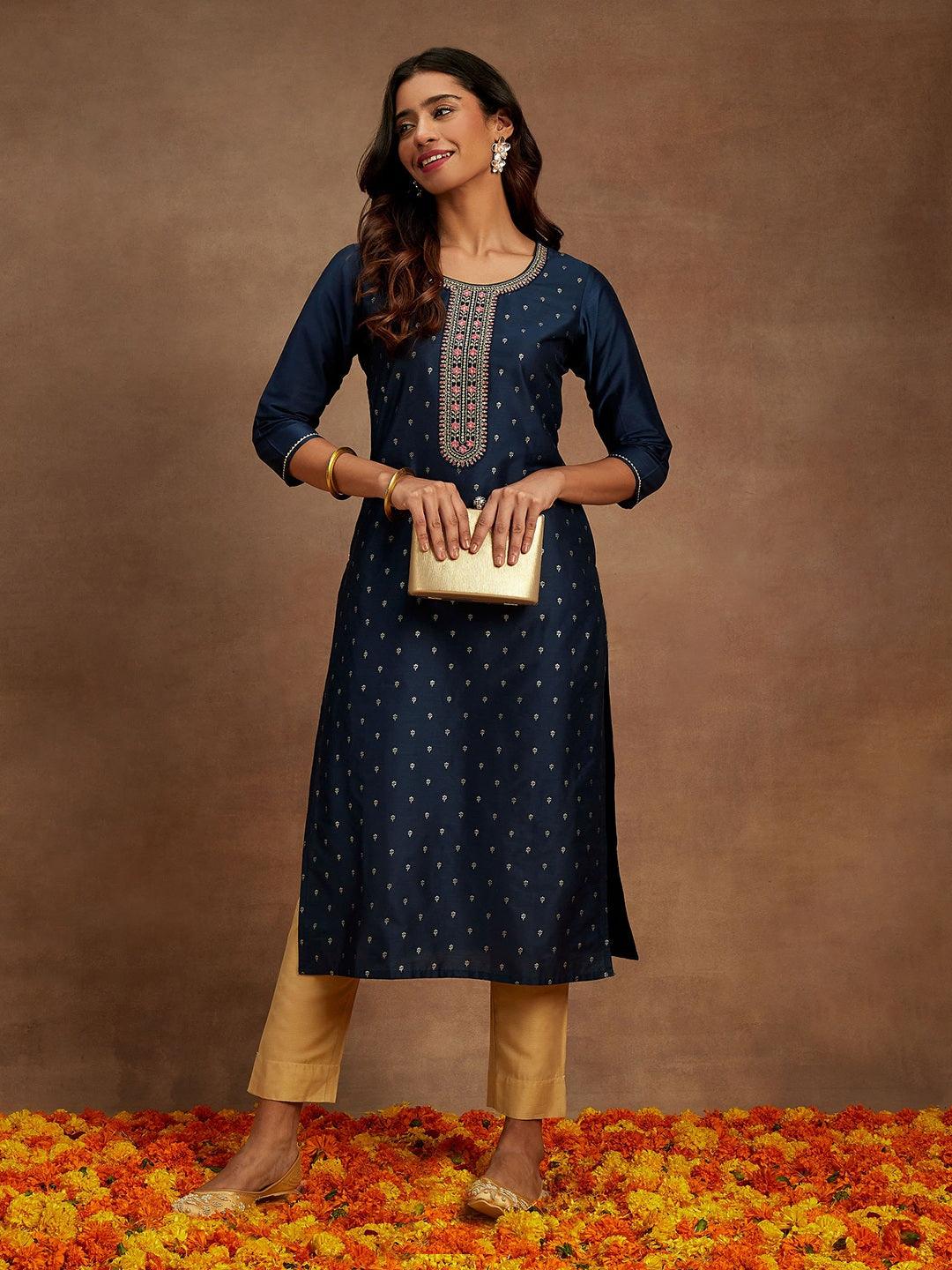 Blue Embellished Chanderi Silk Straight Kurta - ShopLibas 