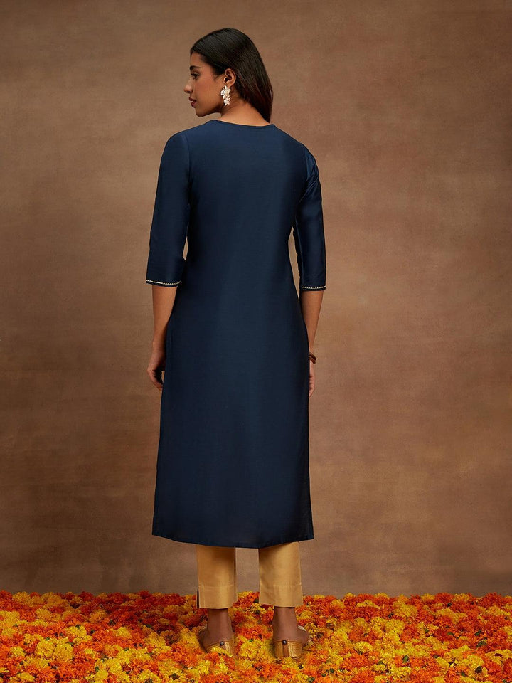 Blue Embellished Chanderi Silk Straight Kurta