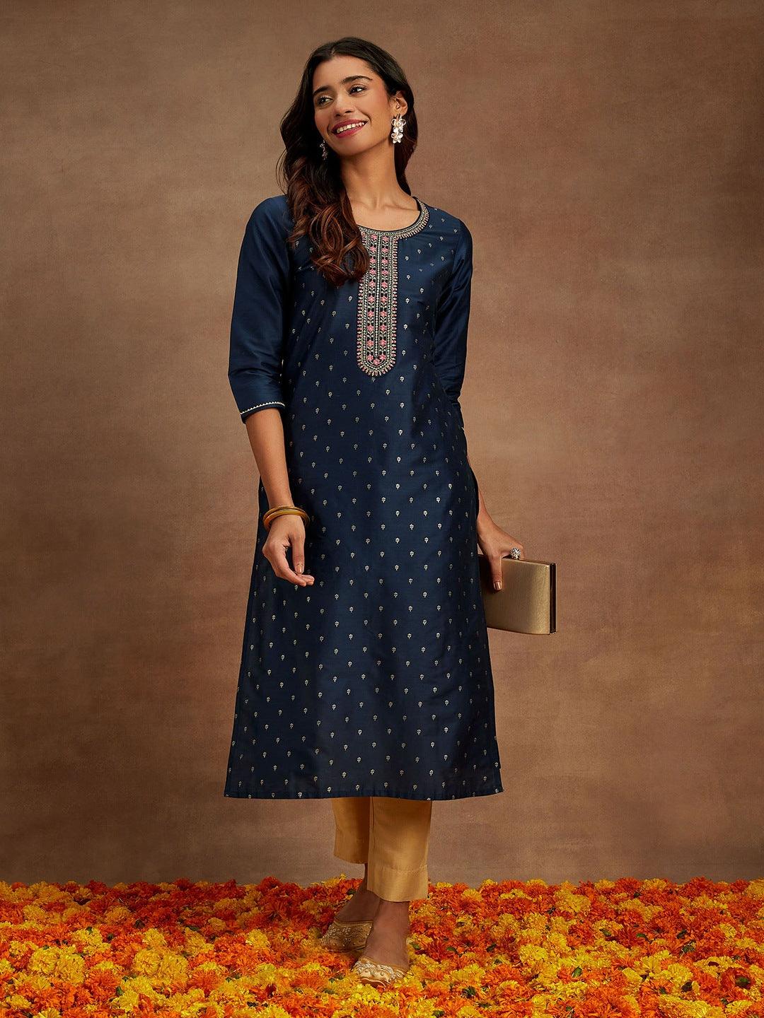 Blue Embellished Chanderi Silk Straight Kurta - ShopLibas