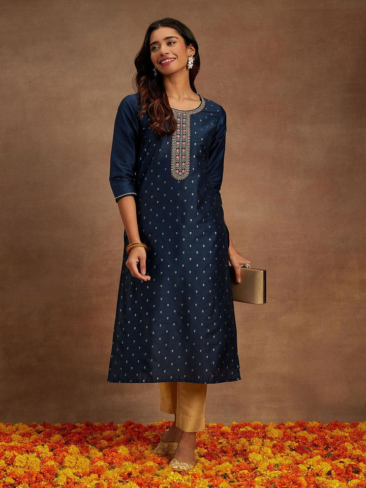 Blue Embellished Chanderi Silk Straight Kurta