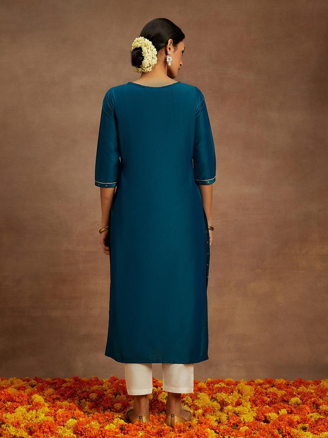 Teal Embellished Chanderi Silk Straight Kurta - ShopLibas 