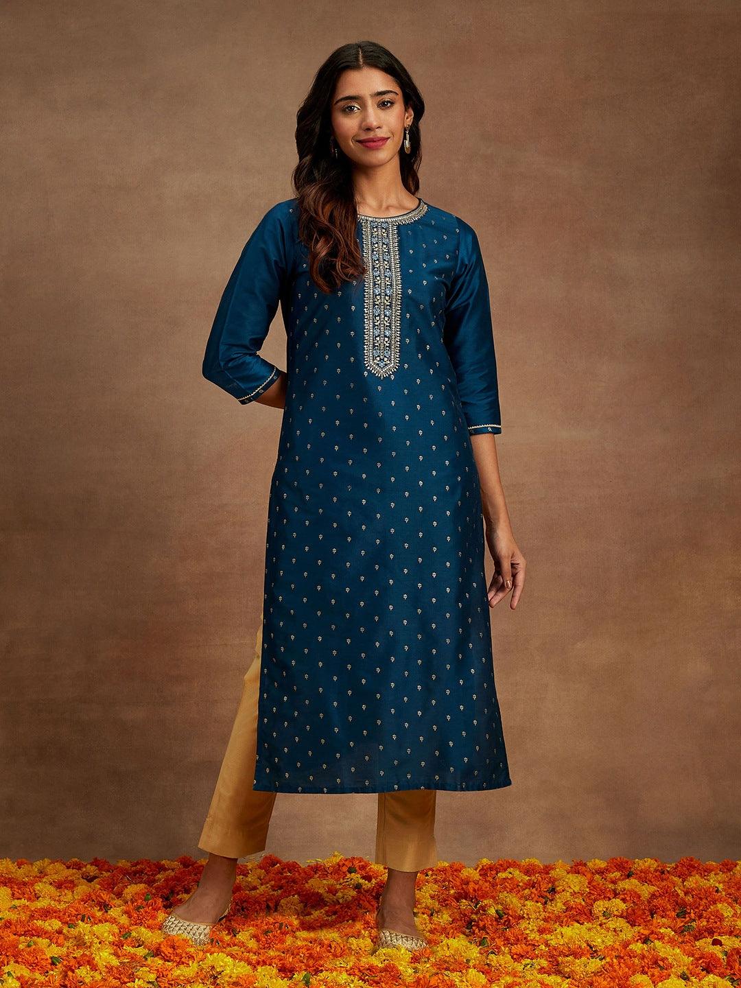 Blue Embellished Chanderi Silk Straight Kurta - ShopLibas 