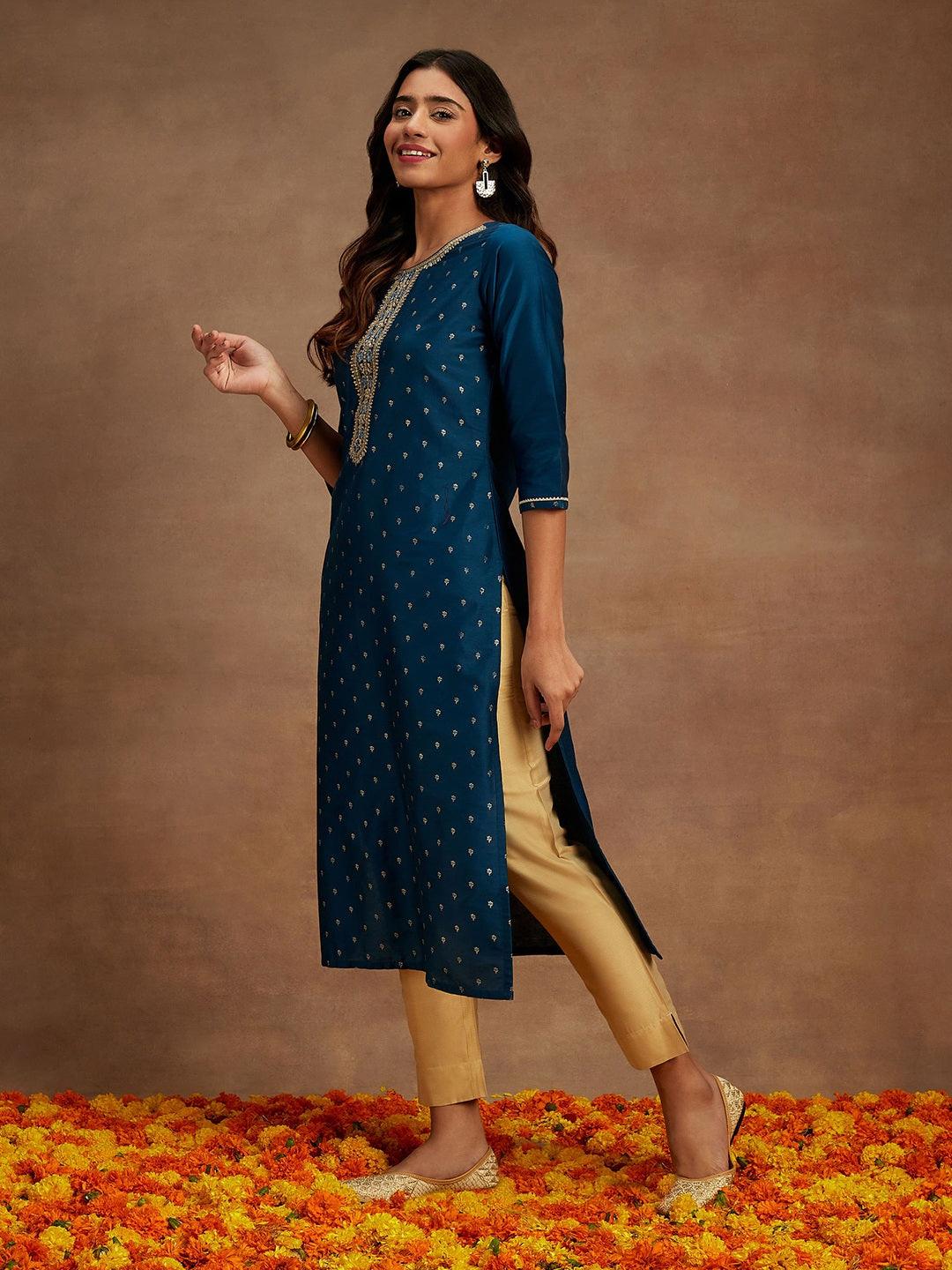 Blue Embellished Chanderi Silk Straight Kurta - ShopLibas 