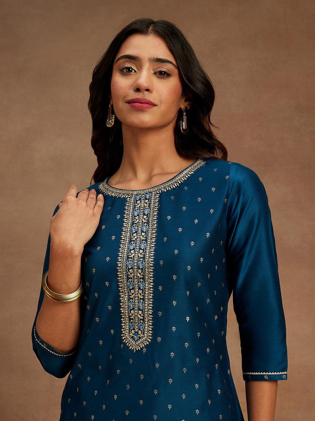 Blue Embellished Chanderi Silk Straight Kurta - ShopLibas 