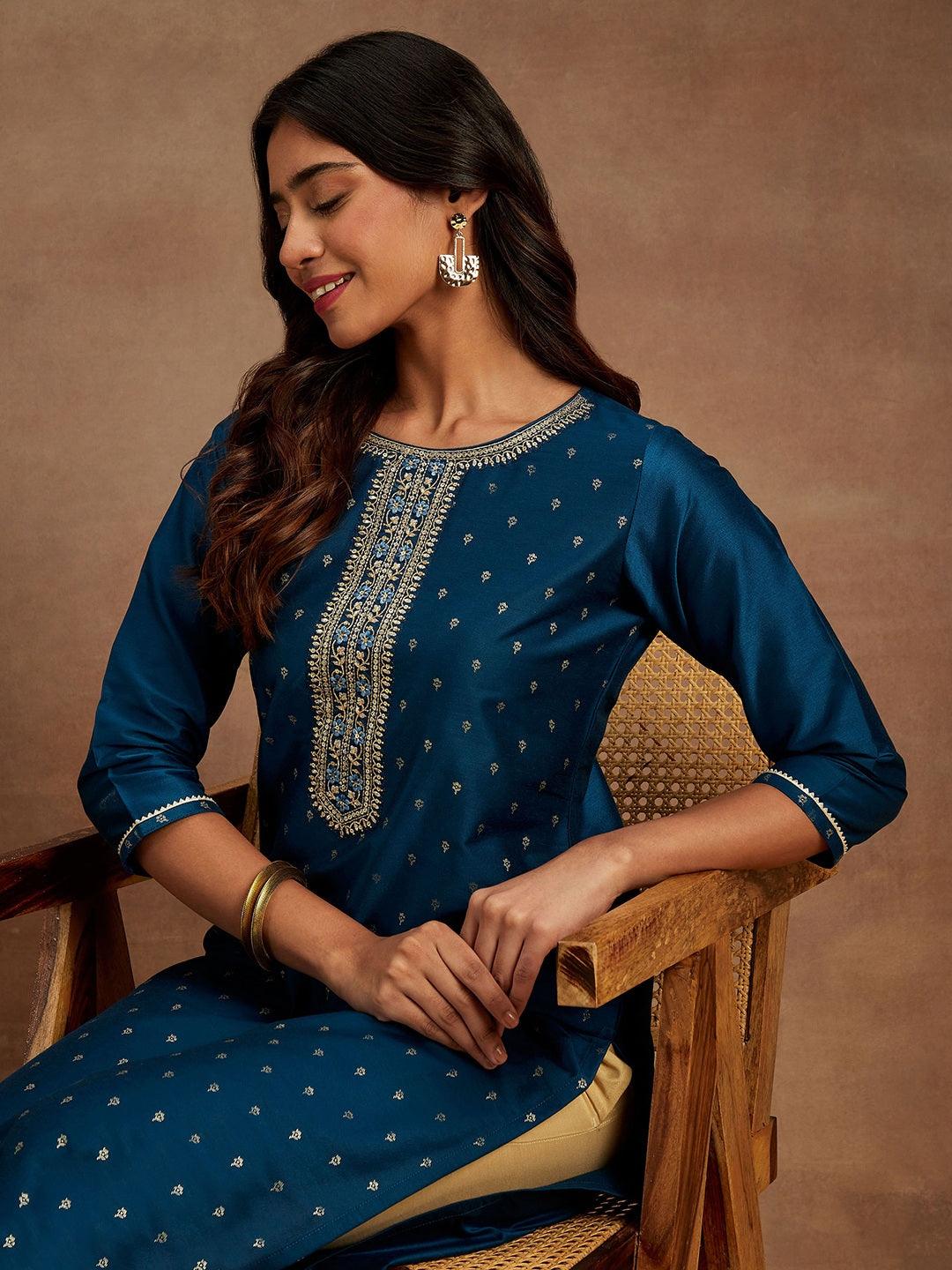 Blue Embellished Chanderi Silk Straight Kurta - ShopLibas