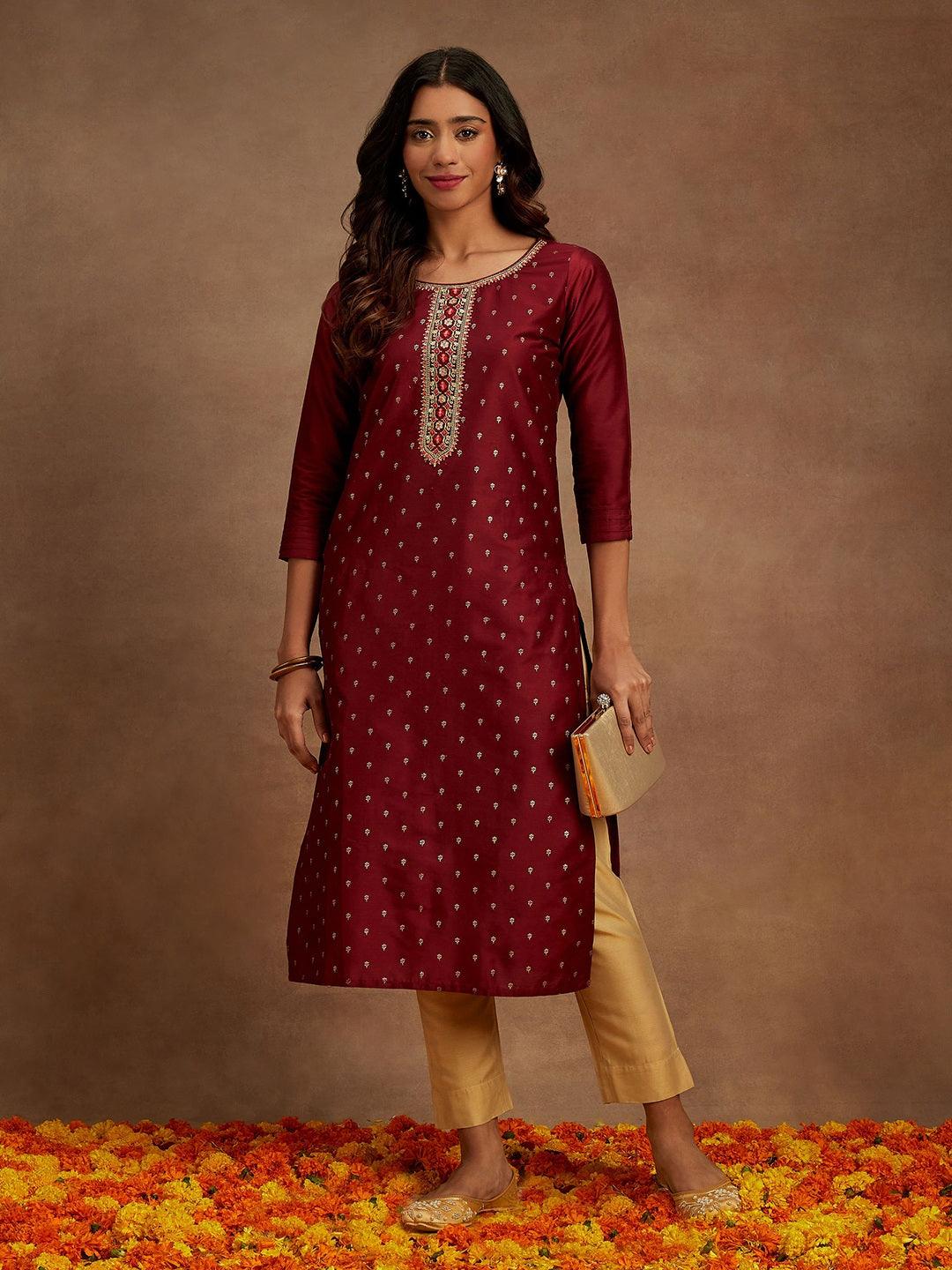 Maroon Embellished Chanderi Silk Straight Kurta - ShopLibas