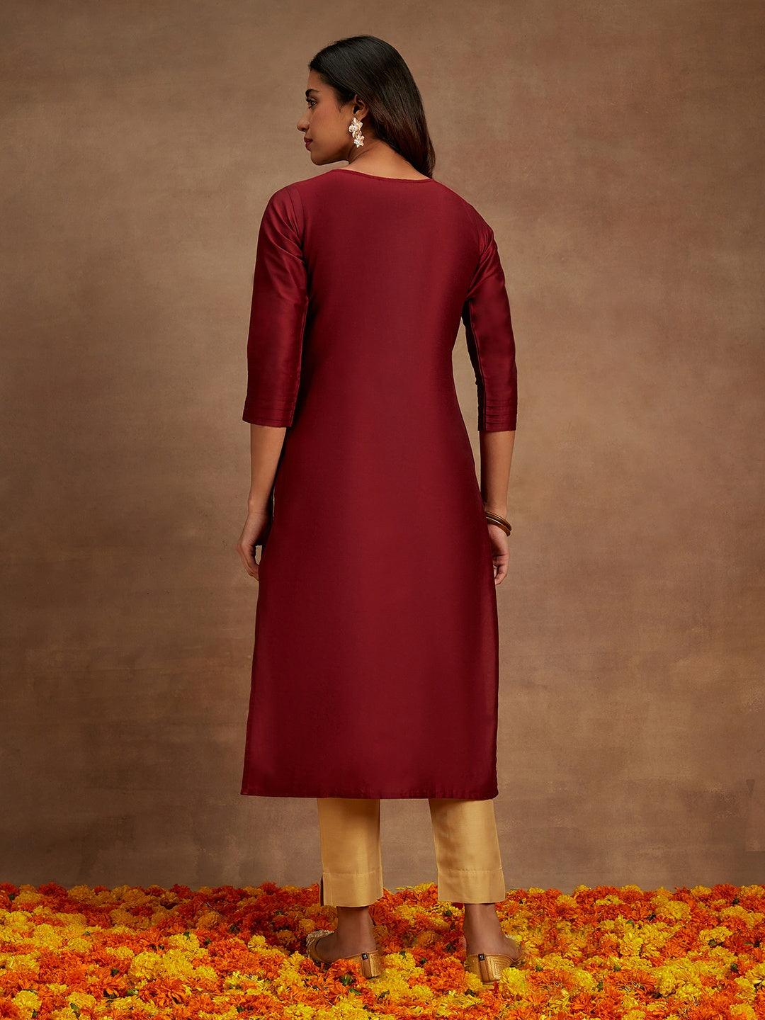 Maroon Embellished Chanderi Silk Straight Kurta - ShopLibas 