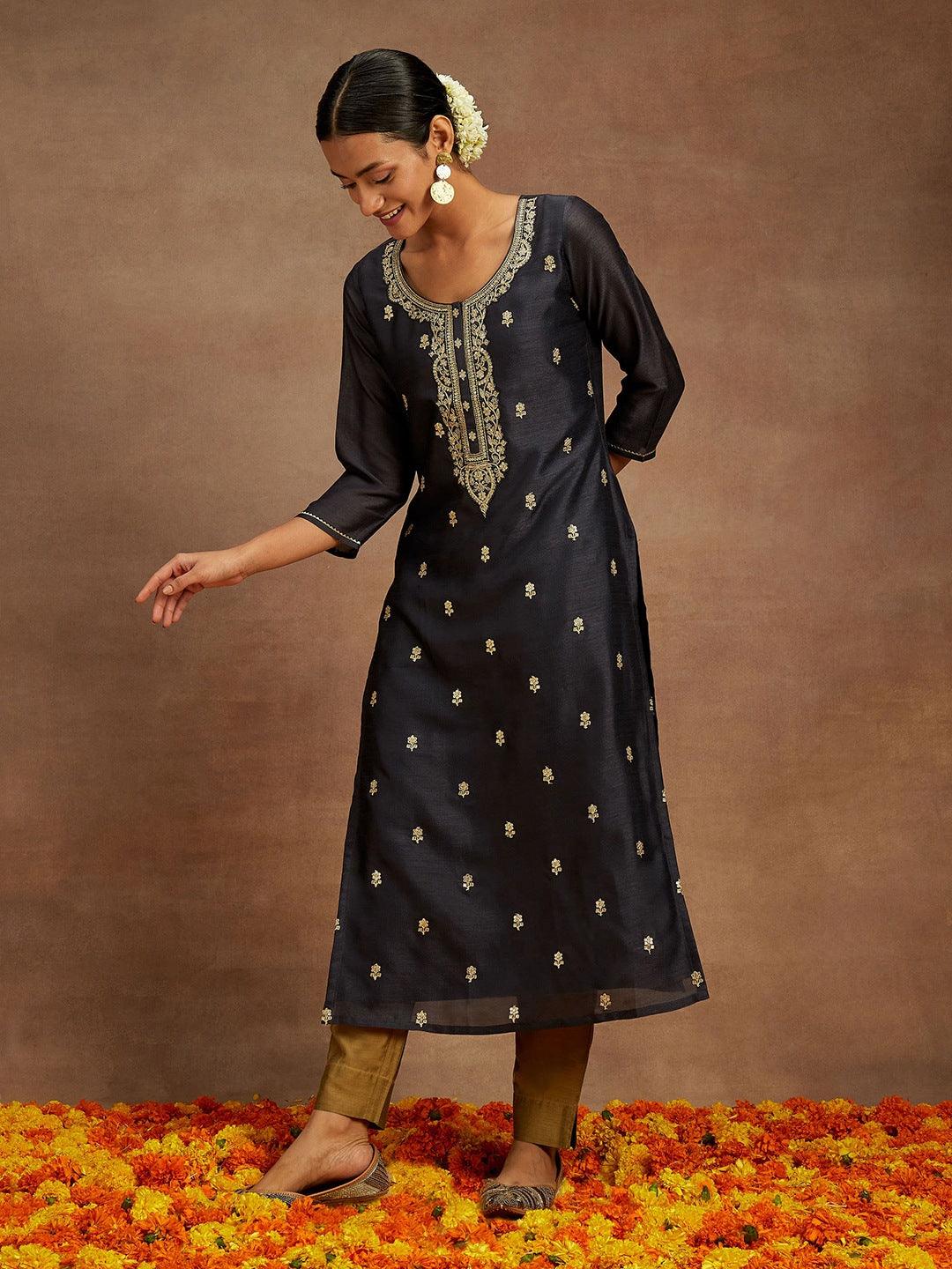 Grey Embroidered Silk Straight Kurta - ShopLibas